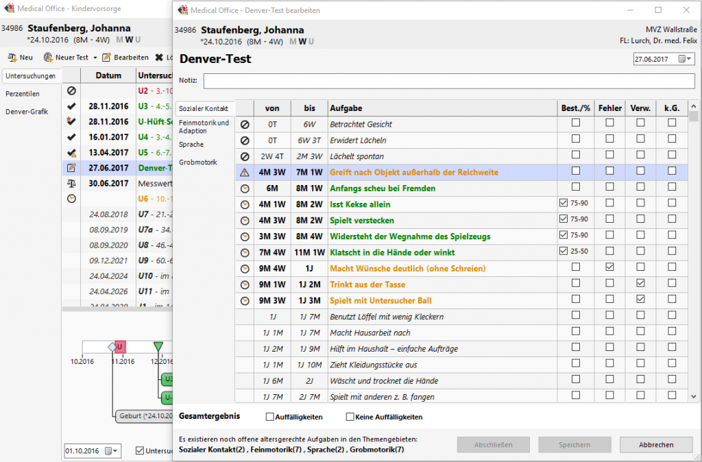 Arztsoftware MEDICAL OFFICE Kindervorsorge Denver Test