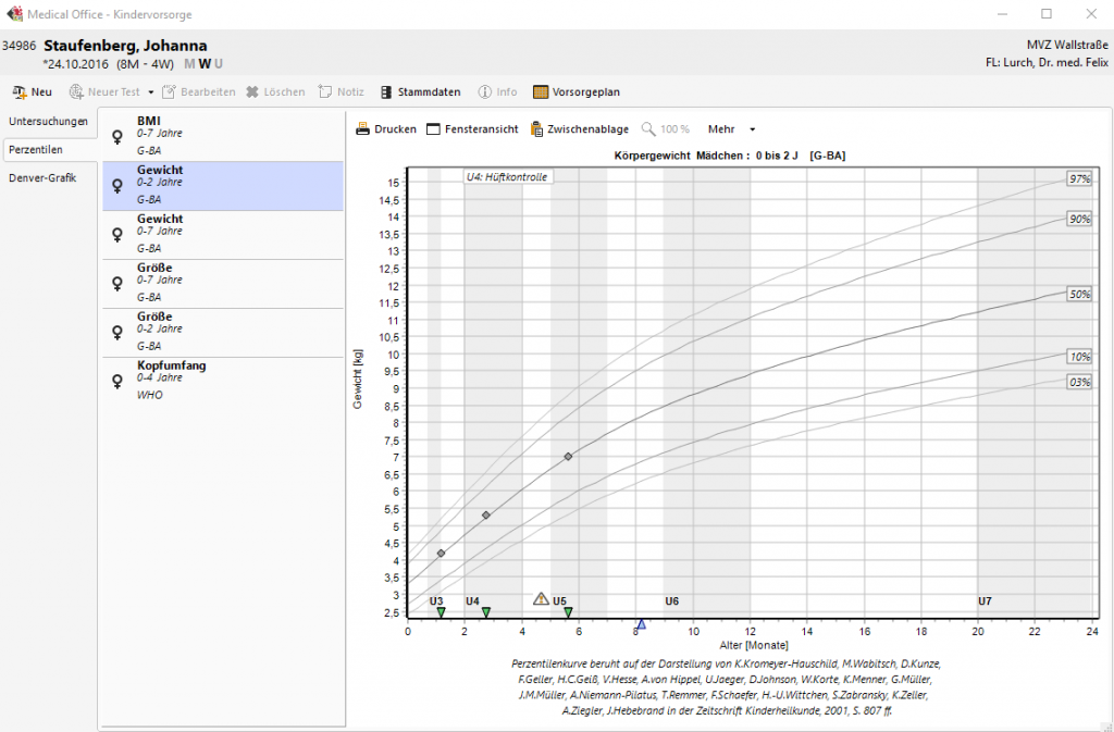 Pädiatrie Arztsoftware MEDICAL OFFICE Kindervorsorge Perzentilen
