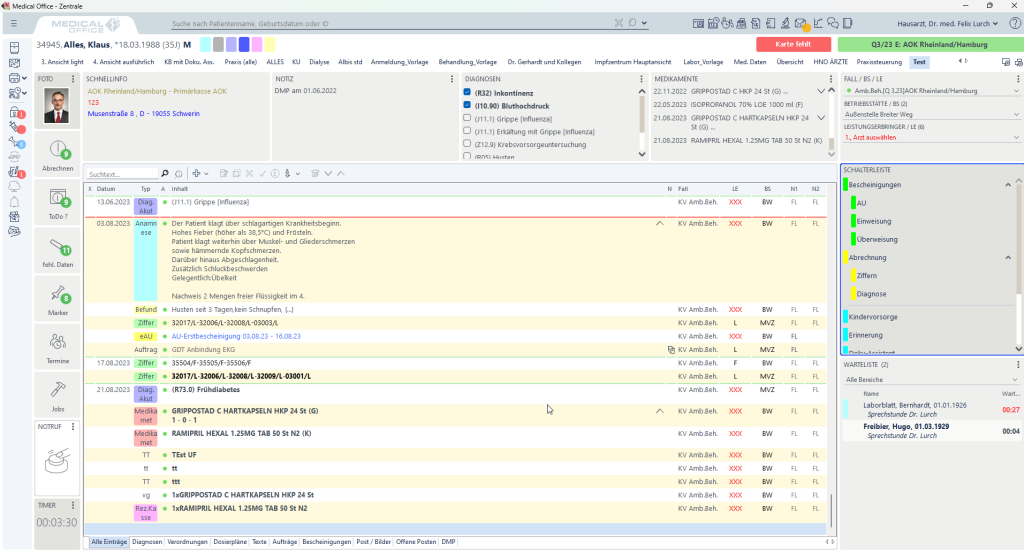 Praxissoftware MEDICAL OFFICE Krankenblatt Patient