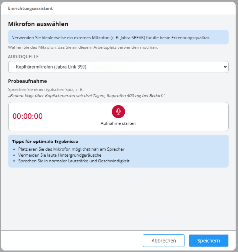 Einrichtungsassistent für Mikrofon und Aufnahmequalität 